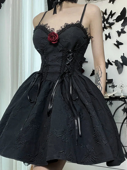 Goth Print Rose Lace Up A Line Fairy Grunge Backless V Neck Summer Party Dress