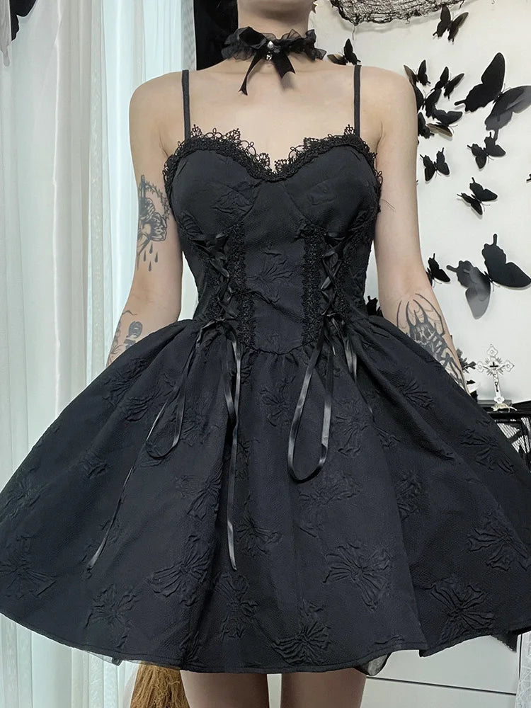 Goth Print Rose Lace Up A Line Fairy Grunge Backless V Neck Summer Party Dress