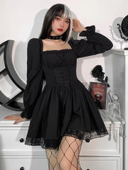 Spaghetti Strap Lace Satin Slip  Party Mini Harajuku Vintage Square Collar Puff Sleeve Dress