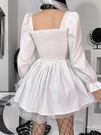 Spaghetti Strap Lace Satin Slip  Party Mini Harajuku Vintage Square Collar Puff Sleeve Dress
