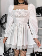 Spaghetti Strap Lace Satin Slip  Party Mini Harajuku Vintage Square Collar Puff Sleeve Dress