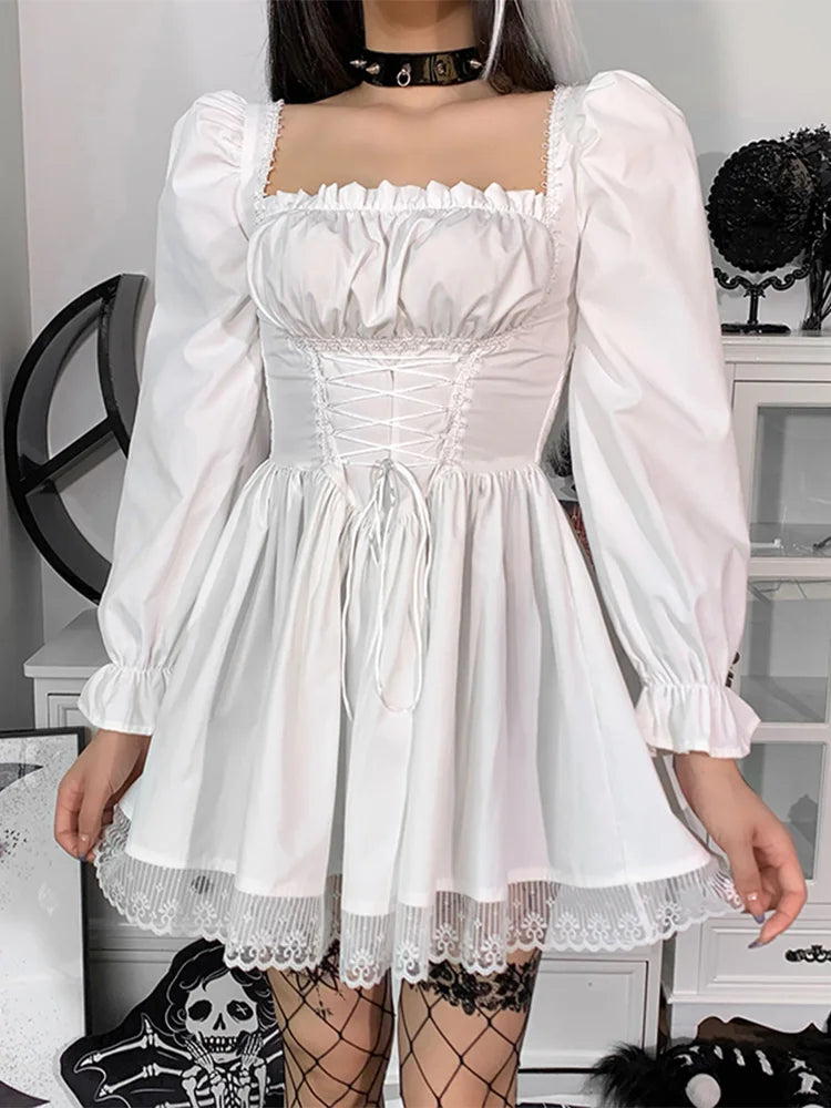 Spaghetti Strap Lace Satin Slip  Party Mini Harajuku Vintage Square Collar Puff Sleeve Dress