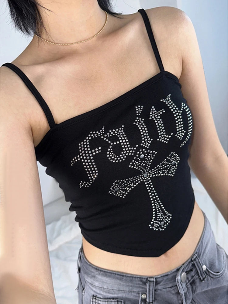 Gothic Cross Hot Rhinestone Vintage Spaghetti Straps Corset Y2K Street Grunge Crop Top Secondary image