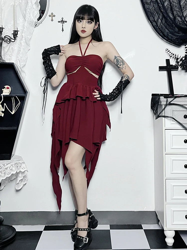 Halter Neck  Sleeveless Ruched Bodycon Asymmetrical A-Line Hem Party Cocktail Mini Dress Secondary image