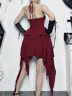 Halter Neck  Sleeveless Ruched Bodycon Asymmetrical A-Line Hem Party Cocktail Mini Dress