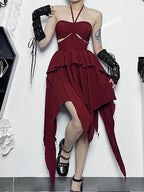 Halter Neck  Sleeveless Ruched Bodycon Asymmetrical A-Line Hem Party Cocktail Mini Dress