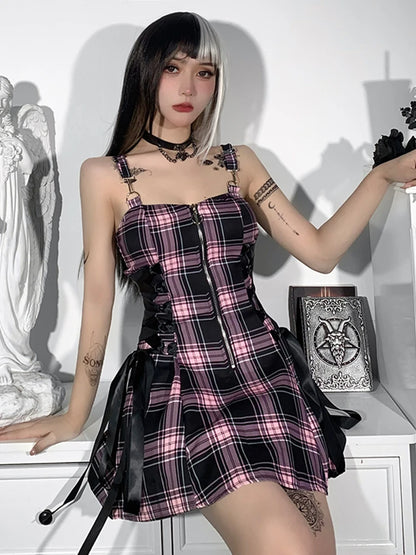 High Waist Spaghetti Strap Plaid Mini Mall Goth Grunge Punk Emo Sexy Party Zipper Aesthetic Dress