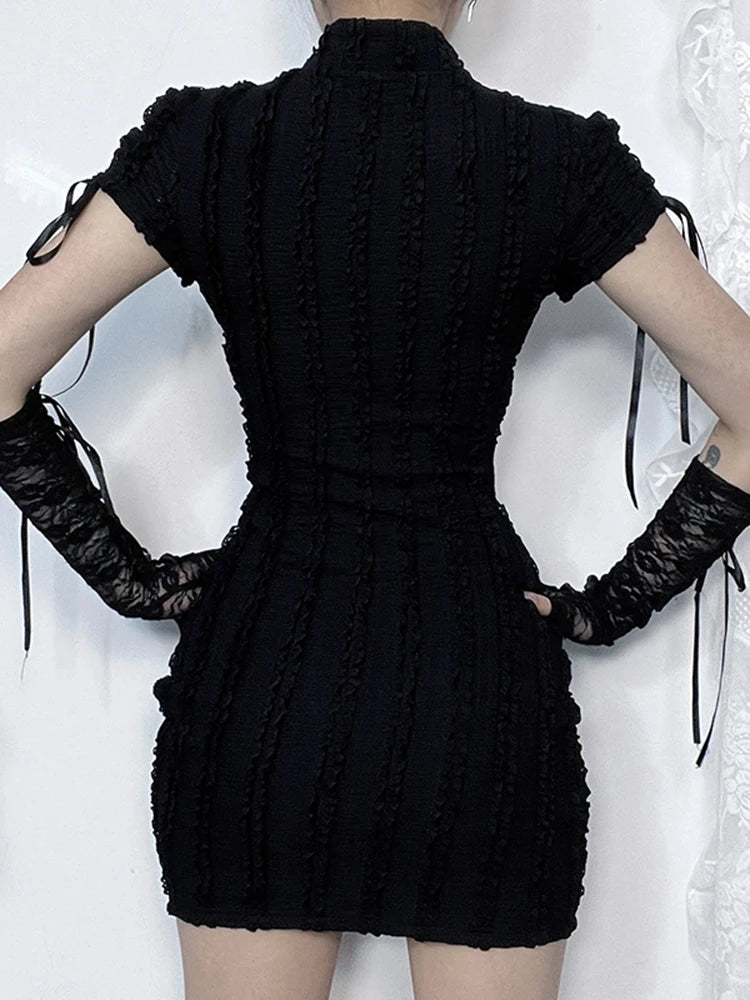 Gothic Hollow Out Small Vertical Collar Short Sleeve Grunge Knitted Hip Texture Dress