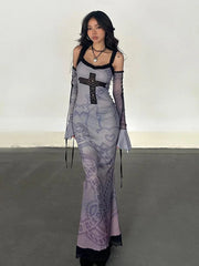 Gothic Lace Oversleeve Vintage V Neck Sleeveless Bodycon Halloween Cocktail Dress