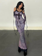 Gothic Lace Oversleeve Vintage V Neck Sleeveless Bodycon Halloween Cocktail Dress
