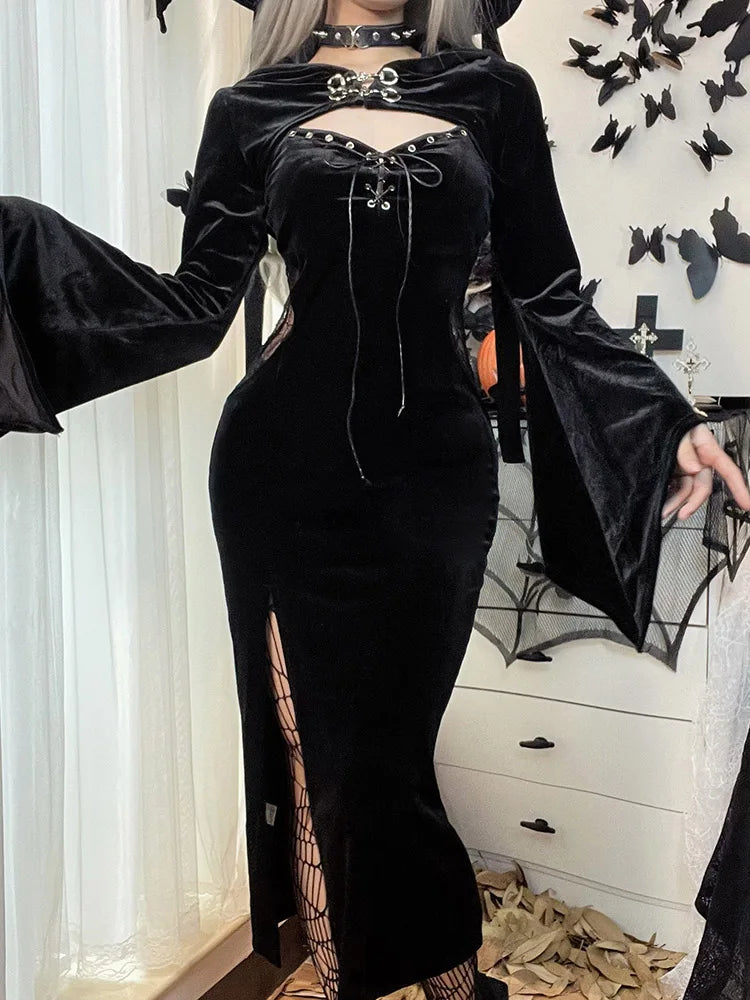 Long Dress Suit With Hat See Through Velvet Lace Cutout High Slit Long Sleeve Button Lace-up Party Dress Secondary image