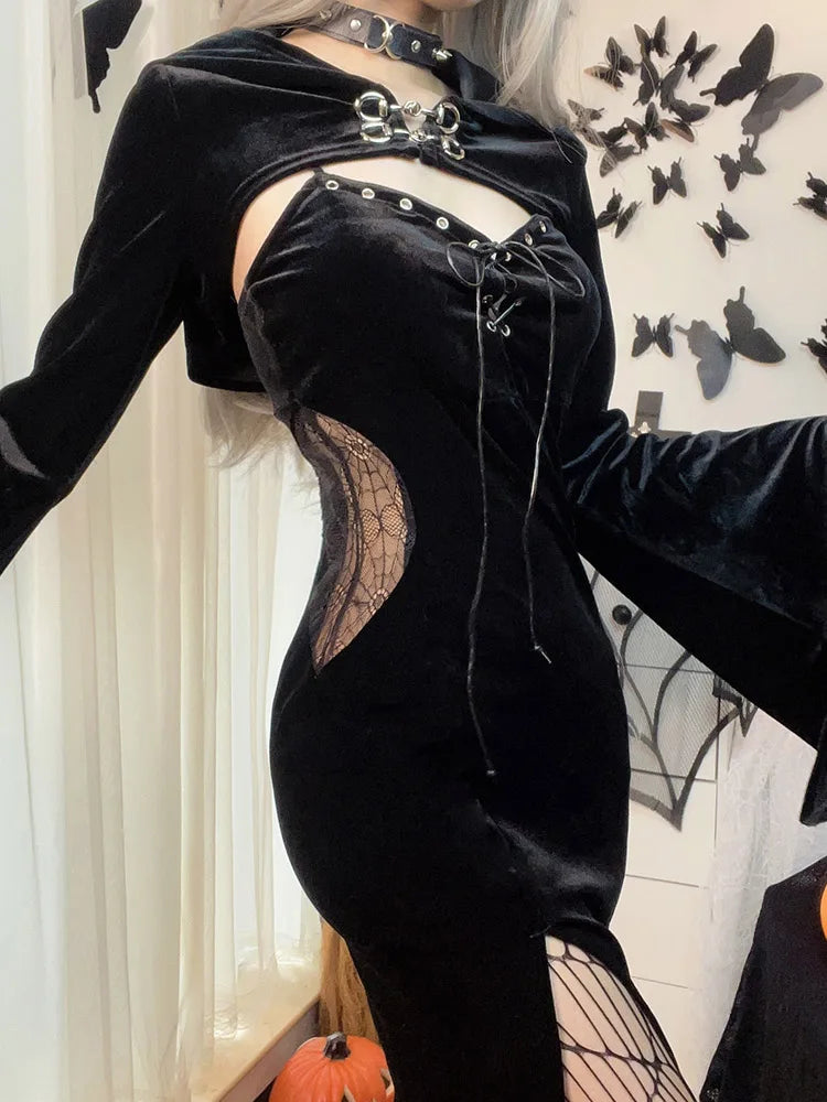 Long Dress Suit With Hat See Through Velvet Lace Cutout High Slit Long Sleeve Button Lace-up Party Dress