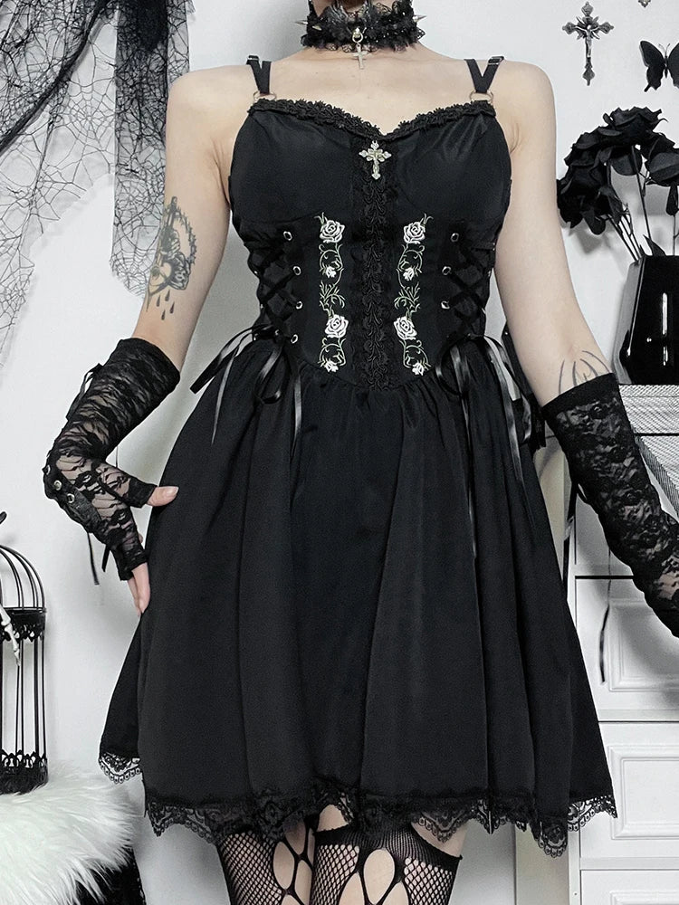 Gothic  Black V Neck Lace Up Y2K Grunge Punk High Waist Lace Trim Party Dress Secondary image