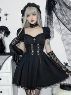 Gothic  Black V Neck Lace Up Y2K Grunge Punk High Waist Lace Trim Party Dress