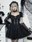Gothic  Black V Neck Lace Up Y2K Grunge Punk High Waist Lace Trim Party Dress