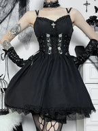 Gothic  Black V Neck Lace Up Y2K Grunge Punk High Waist Lace Trim Party Dress