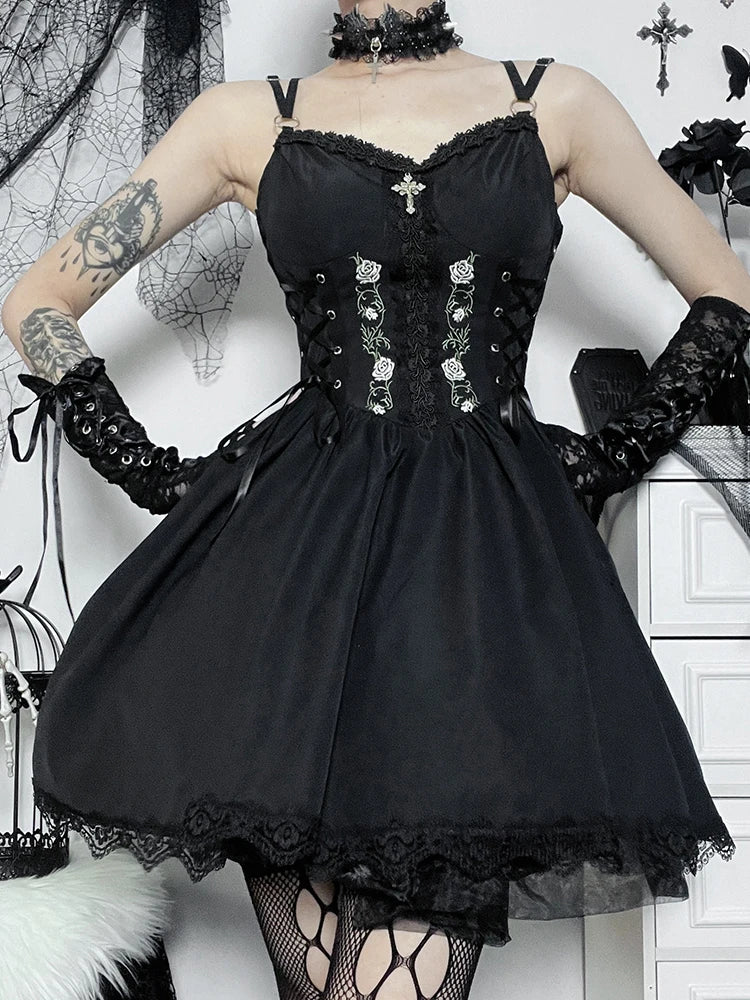 Gothic Sexy Black V Neck Lace Up Y2K Grunge Punk High Waist Lace Trim Party Dress