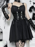 Gothic  Black V Neck Lace Up Y2K Grunge Punk High Waist Lace Trim Party Dress