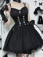 Gothic  Black V Neck Lace Up Y2K Grunge Punk High Waist Lace Trim Party Dress