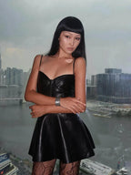 Spaghetti Strap Sweetheart Neckline A-Line Faux Leather Mini  Backless PU Dress
