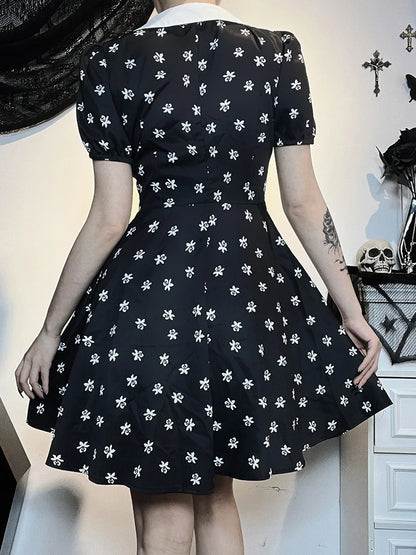 Gothic Turn Down Collar A-Line Punk Print Short Sleeve Swing Cloak Bodycon Dress