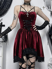 Gothic Velvet Vintage Spaghetti Strap Lace Up Romantic Casual Fashion Dress