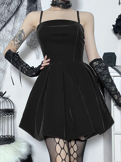 Velvet Solid Shirring High Waist Spaghetti Straps A-Line Party Mini Elegant New Year Dress