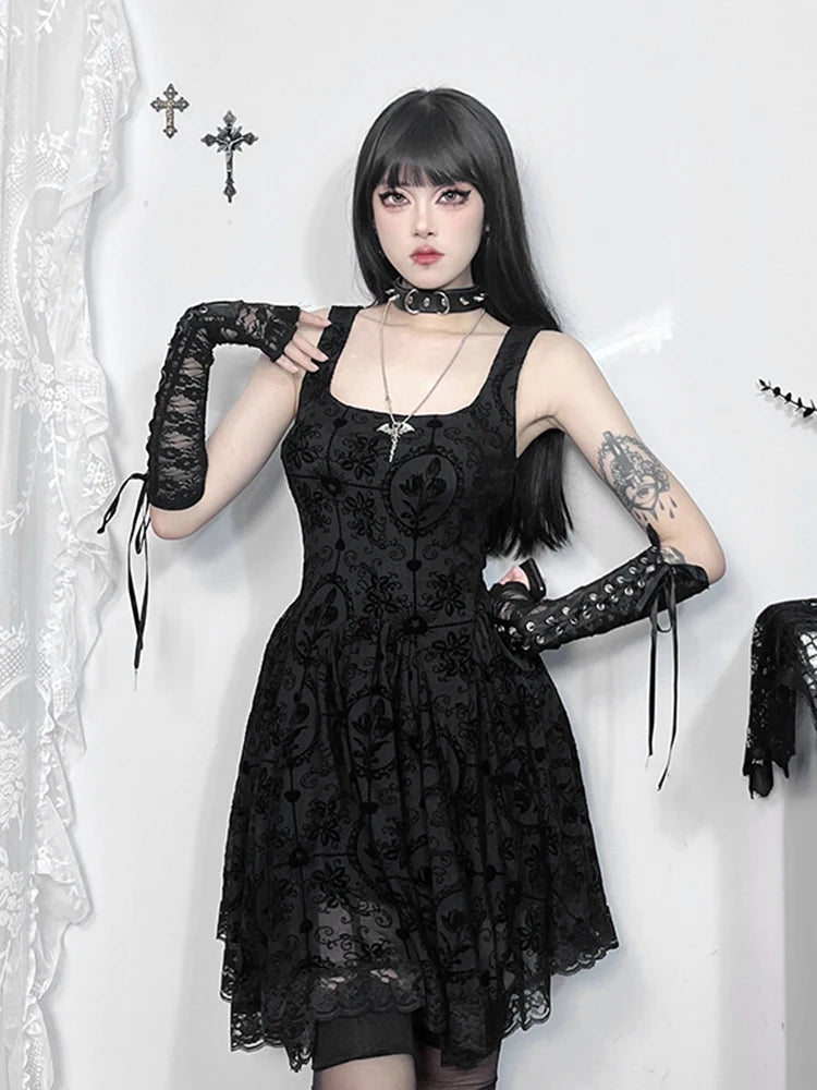Gothic Vintage Lace Patchwork Sleeveless Draped Spaghetti Strap Bodycon Cami Dress