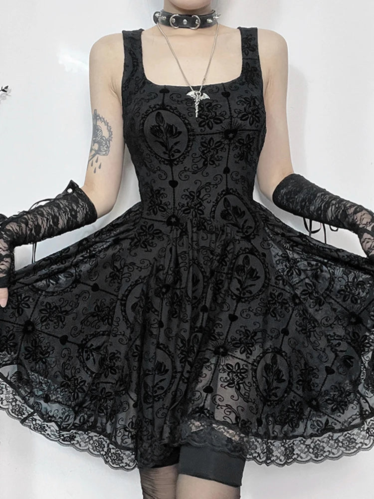 Gothic Vintage Lace Patchwork Sleeveless Draped Spaghetti Strap Bodycon Cami Dress