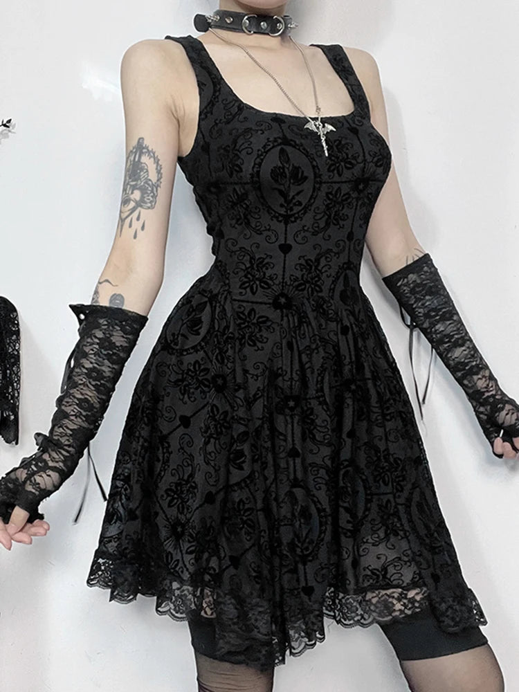 Gothic Vintage Lace Patchwork Sleeveless Draped Spaghetti Strap Bodycon Cami Dress