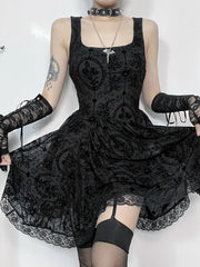 Gothic Vintage Lace Patchwork Sleeveless Draped Spaghetti Strap Bodycon Cami Dress