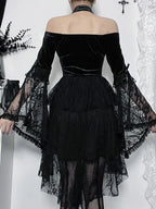 Gothic Vintage Off Shoulder Lace Cocktail Party Velvet Mesh Long Sleeves Halloween Cosplay Dress