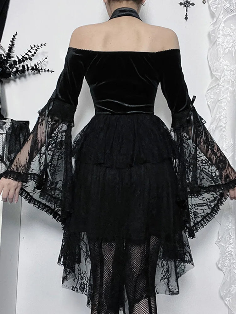 Gothic Vintage Off Shoulder Lace Cocktail Party Velvet Mesh Long Sleeves Halloween Cosplay Dress