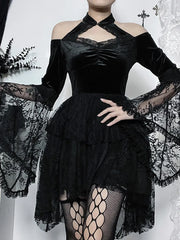 Gothic Vintage Off Shoulder Lace Cocktail Party Velvet Mesh Long Sleeves Halloween Cosplay Dress