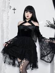 Gothic Vintage Off Shoulder Lace Cocktail Party Velvet Mesh Long Sleeves Halloween Cosplay Dress