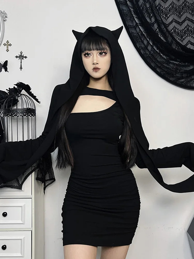 Wasteland Kitten Hollow Out Long Sleeve Folds Bodycon Dress