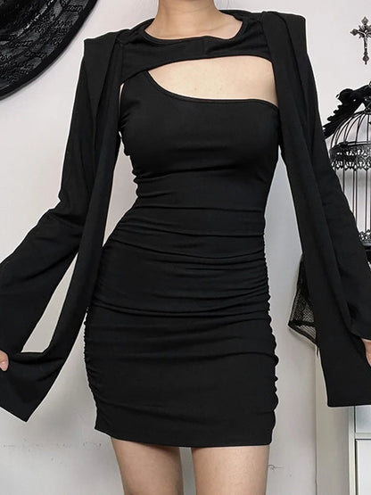 Wasteland Kitten Hollow Out Long Sleeve Folds Bodycon Dress