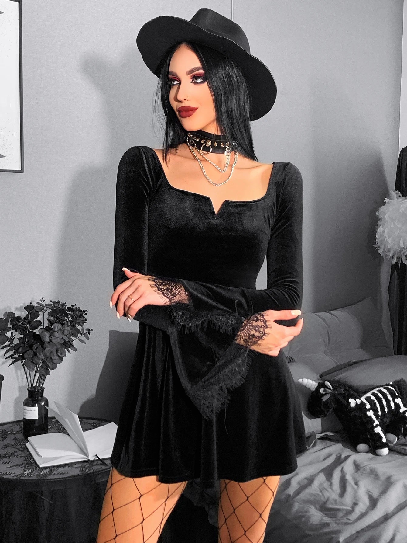 Y2K Harajuku High Waist A-Line Mini Punk Grunge Vintage Flare Sleeve Velvet Lolita Dress Secondary image