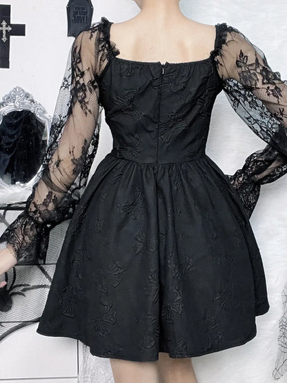 Grunge Party High Waist Gothic Dark Sexy A-Line Jacquard Lace Sleeve Lolita Vintage Harajuku Dress