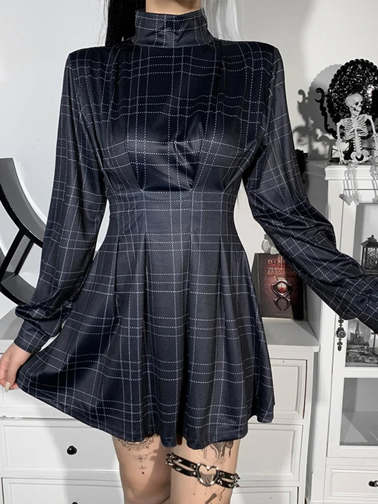 Plaid Winter Long Sleeve Turtleneck A-Line Cosplay Academy Pleated Corset Dark Blue E Girl Partywear Dress Secondary image