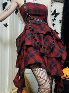 Red Plaid One Shoulder Irregular Strapless Backless  Vintage Lolita Academy Dress