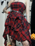 Red Plaid One Shoulder Irregular Strapless Backless  Vintage Lolita Academy Dress