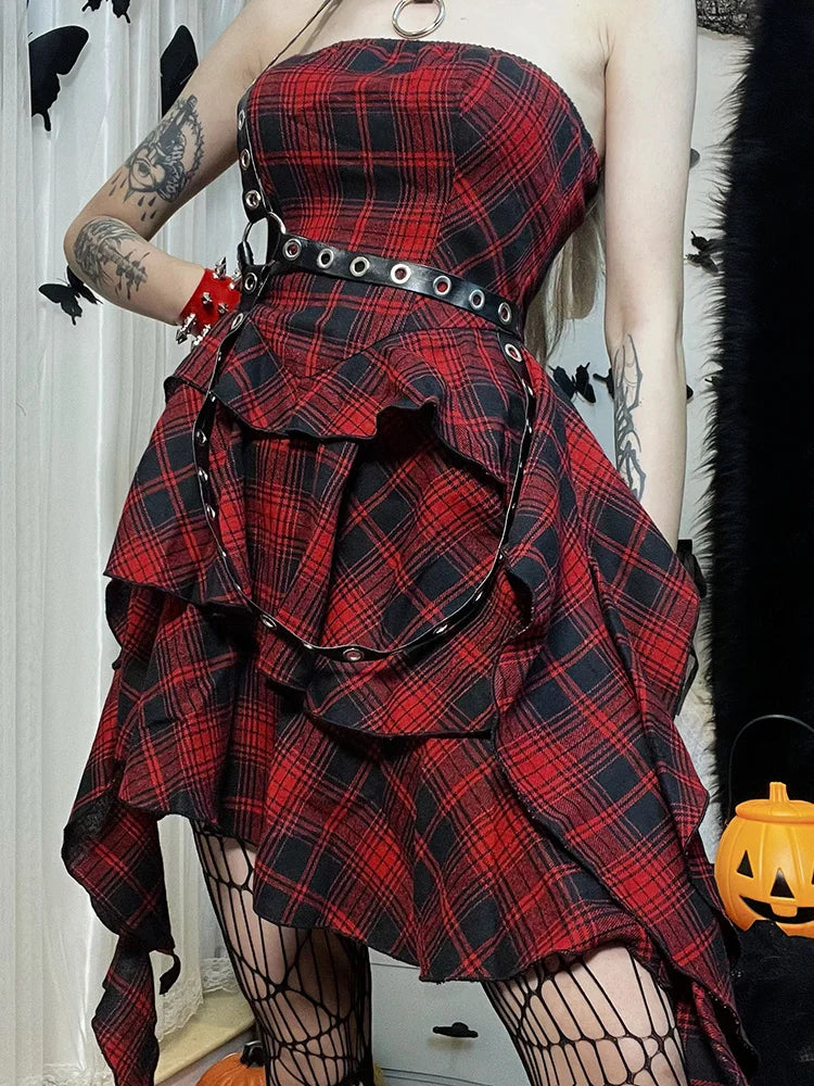 Red Plaid One Shoulder Irregular Strapless Backless  Vintage Lolita Academy Dress