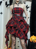 Red Plaid One Shoulder Irregular Strapless Backless  Vintage Lolita Academy Dress