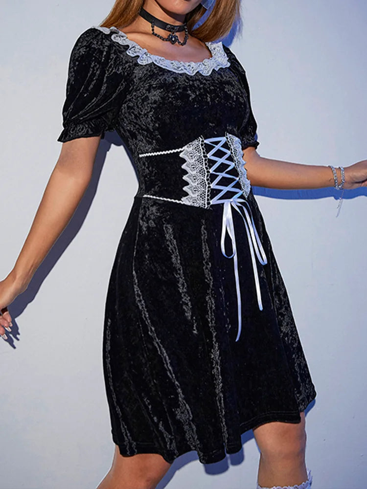 Sexy Black Harajuku Party Corset A-Line Velvet Summer Fashion Emo Chic Elegant High Waist Dress