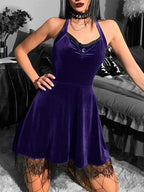 Velvet Gothic Green  Halter Y2K Backless Lace Patchwork High Waist Mini Dress