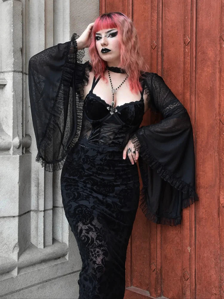 Velvet Lace Corset Bandage Midi Gothic Harajuku Street Mesh Print Sling Club Dress