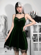 Velvet Spaghetti Strap Backless Moon Pendant Colorful Lace Trim A-Line Waist-in Sleeveless Corset Dress