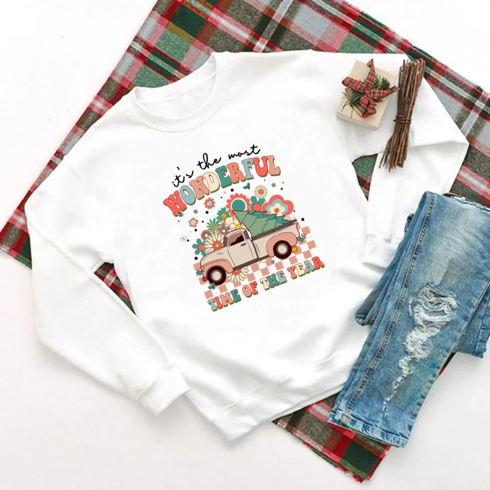 Christmas Hoodie - Wonderful Time Printed Party Holiday Sweater Xmas Outfit