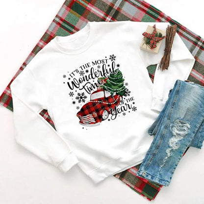 Christmas Hoodie - Wonderful Time Printed Party Holiday Sweater Xmas Outfit